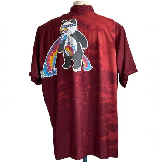 RAINBOW PANDA | Men's Custom BEAR SIZE Short Sleeve Shirt | 4 XL features a cartoon panda with sunglasses and a rainbow stream on burgundy fabric.