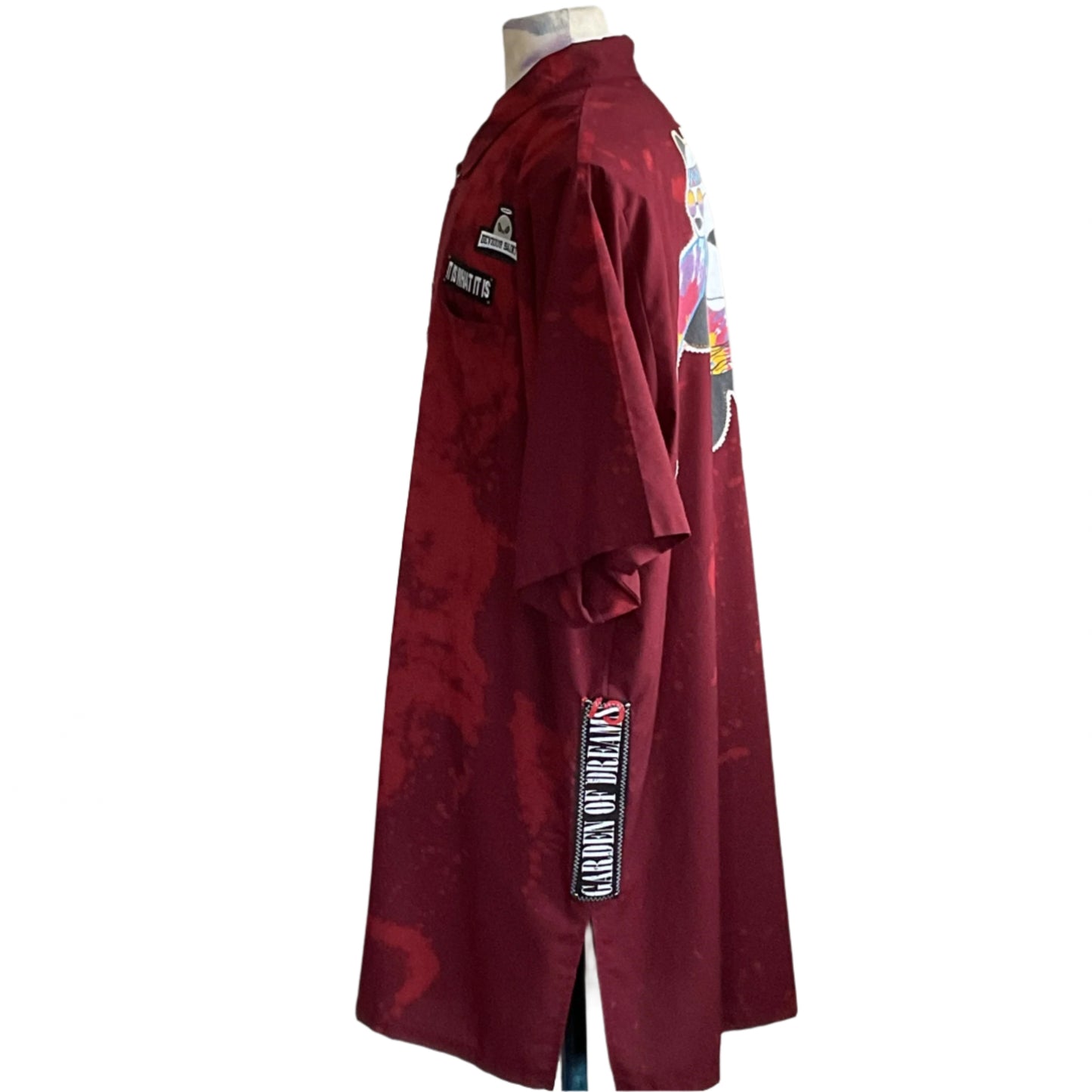 RAINBOW PANDA Men's Custom BEAR SIZE Shirt in 4XL, burgundy tie-dye, mid-thigh length, with elbow sleeves, streetwear patches, and graphic detailing on side and back.