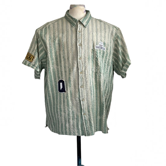 SCARY MOVIES | Men's Custom BEAR SIZE Short Sleeve Shirt | 4XL, featuring light green stripes and unique patches, ideal for relaxed movie nights.