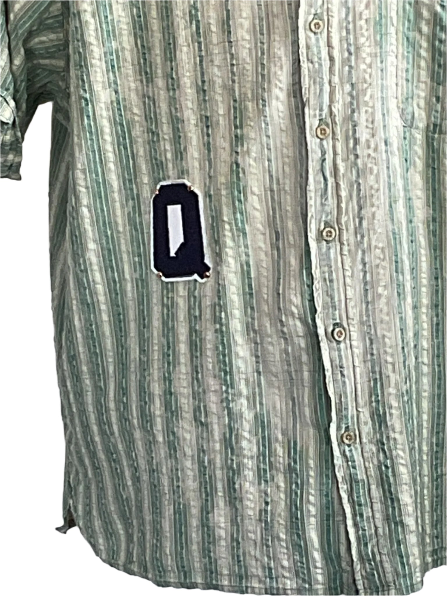 SCARY MOVIES | Men's Custom BEAR SIZE 4XL Shirt: Vertically-striped button-up with a unique Q patch, perfect for relaxing during thrilling film nights.