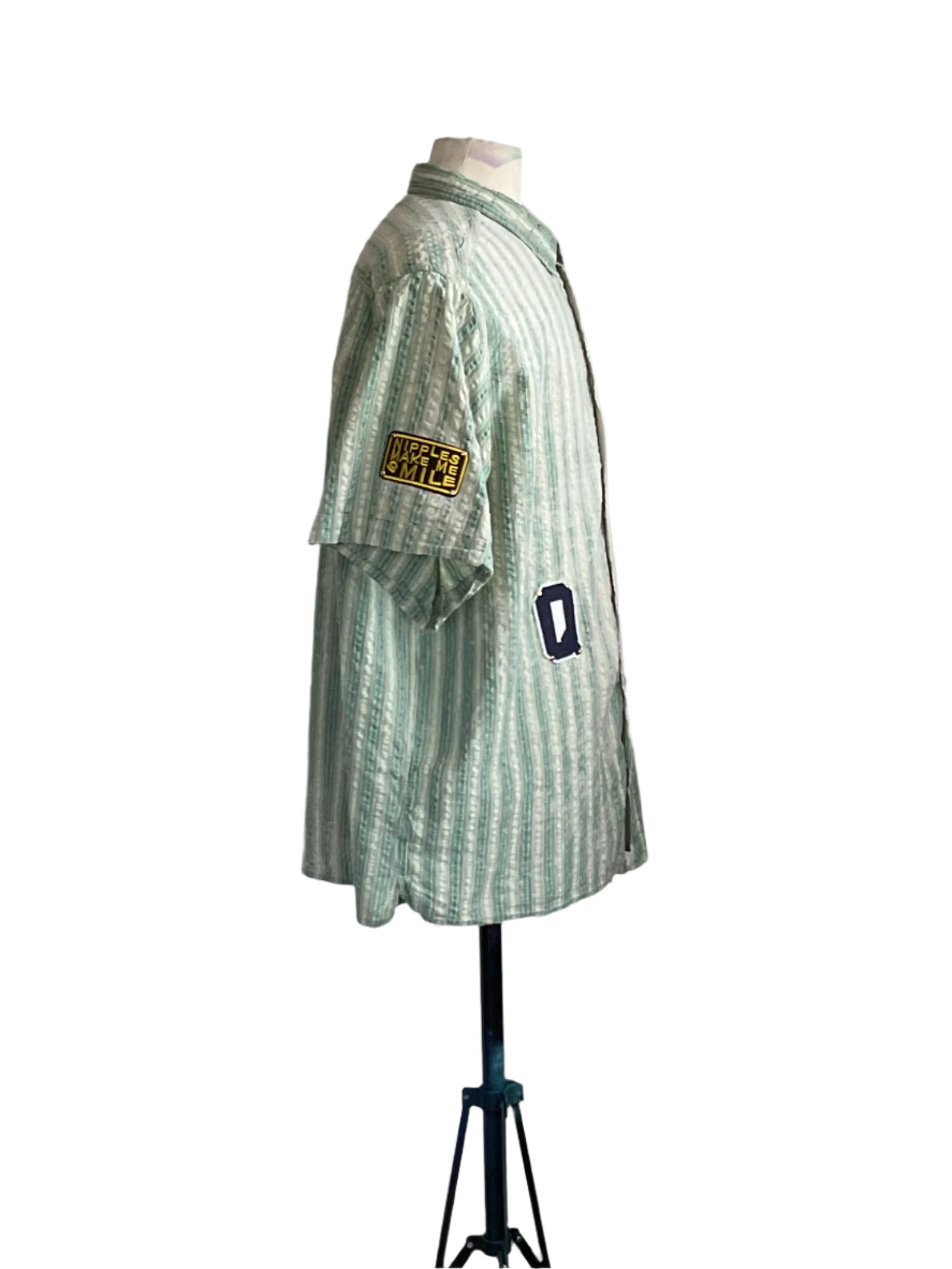SCARY MOVIES | Men's Custom BEAR SIZE Short Sleeve Shirt in 4XL, mint-green with stripes, features unique patches, ideal for cozy movie nights.