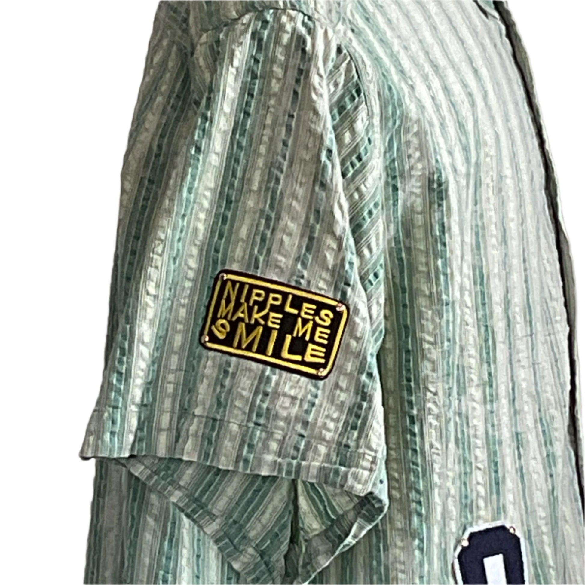 SCARY MOVIES | Men's Custom BEAR SIZE Short Sleeve Shirt, 4XL, features green-white stripes, bold patch with NIPPLES MAKE ME SMILE text, perfect for a stylish movie night.