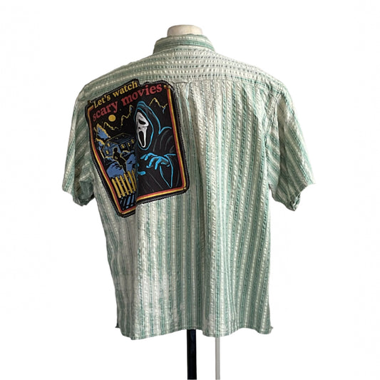 SCARY MOVIES | Men's Custom BEAR SIZE Short Sleeve Shirt | 4XL features a Ghostface-style patch on back, perfect for horror film enthusiasts.
