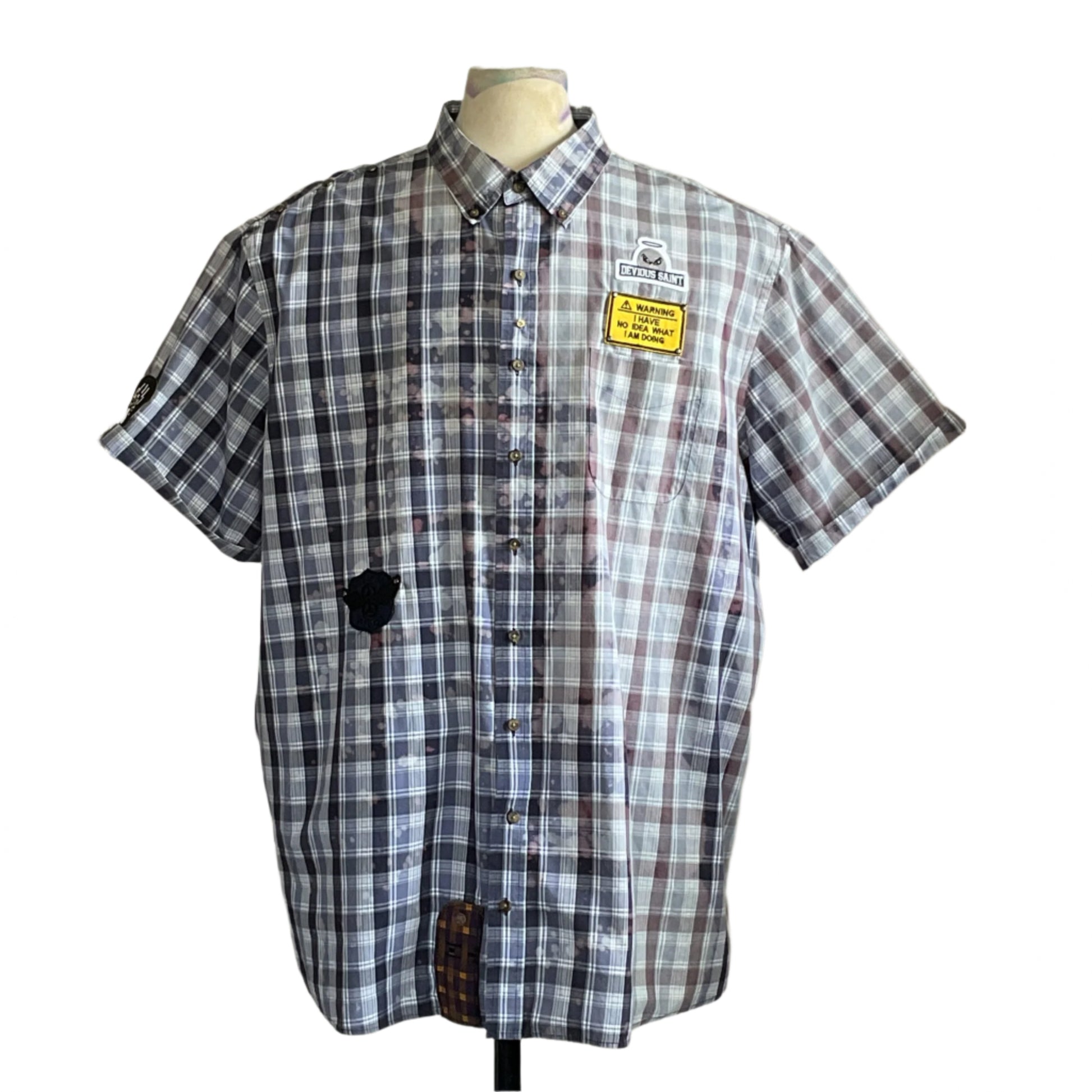 ROODE | Men's Custom BEAR SIZE Short Sleeve Shirt | 3 XL featuring a plaid pattern and expressive patches, embodying bold, unapologetic style on a dress form.
