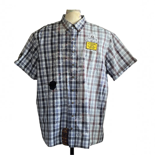 ROODE | Men's Custom BEAR SIZE Short Sleeve Shirt | 3 XL featuring a plaid pattern and expressive patches, embodying bold, unapologetic style on a dress form.