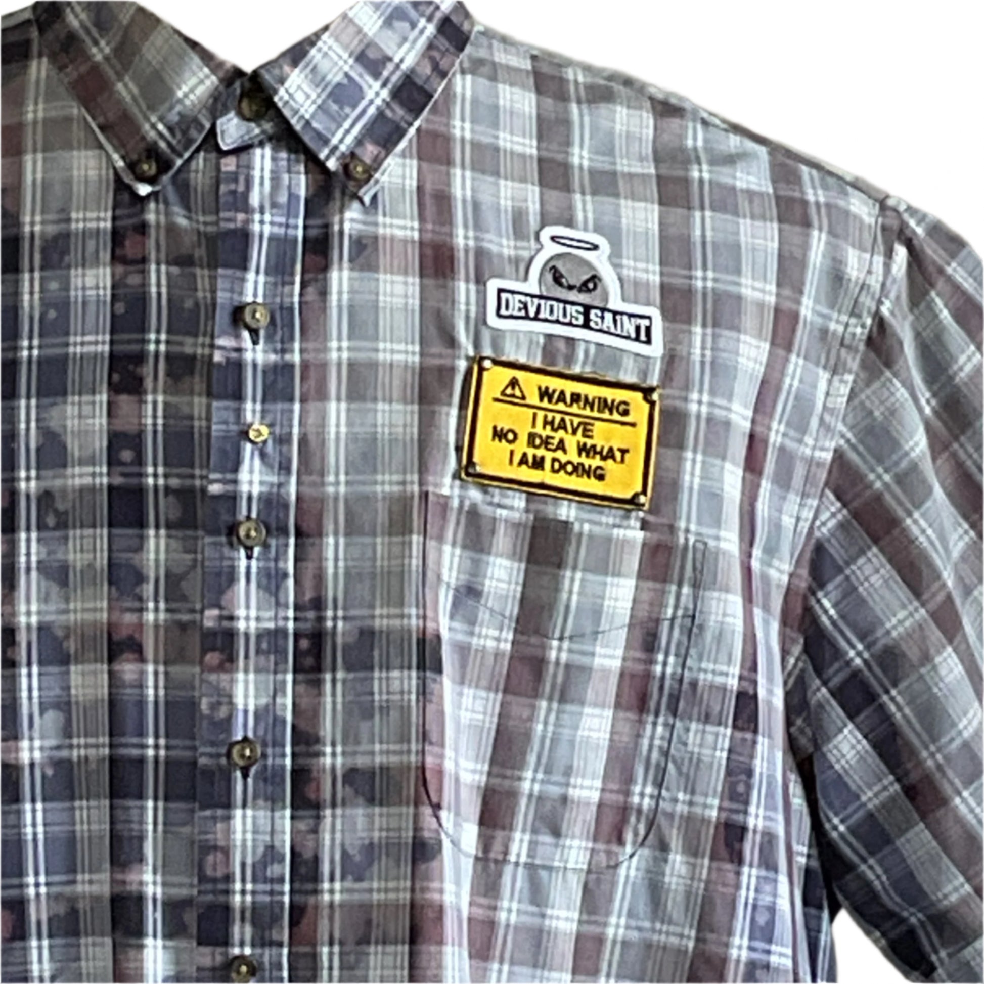 ROODE | Men's Custom BEAR SIZE Short Sleeve Shirt | 3XL, featuring plaid design with DEVIOUS SAINT and humorous warning patches over the left chest pocket.