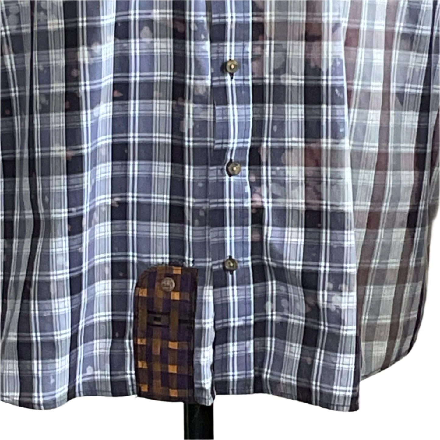 ROODE Men's Custom BEAR SIZE Short Sleeve Shirt in 3XL, showcasing a bold blue and white plaid with unique brown and purple patchwork on the bottom placket.