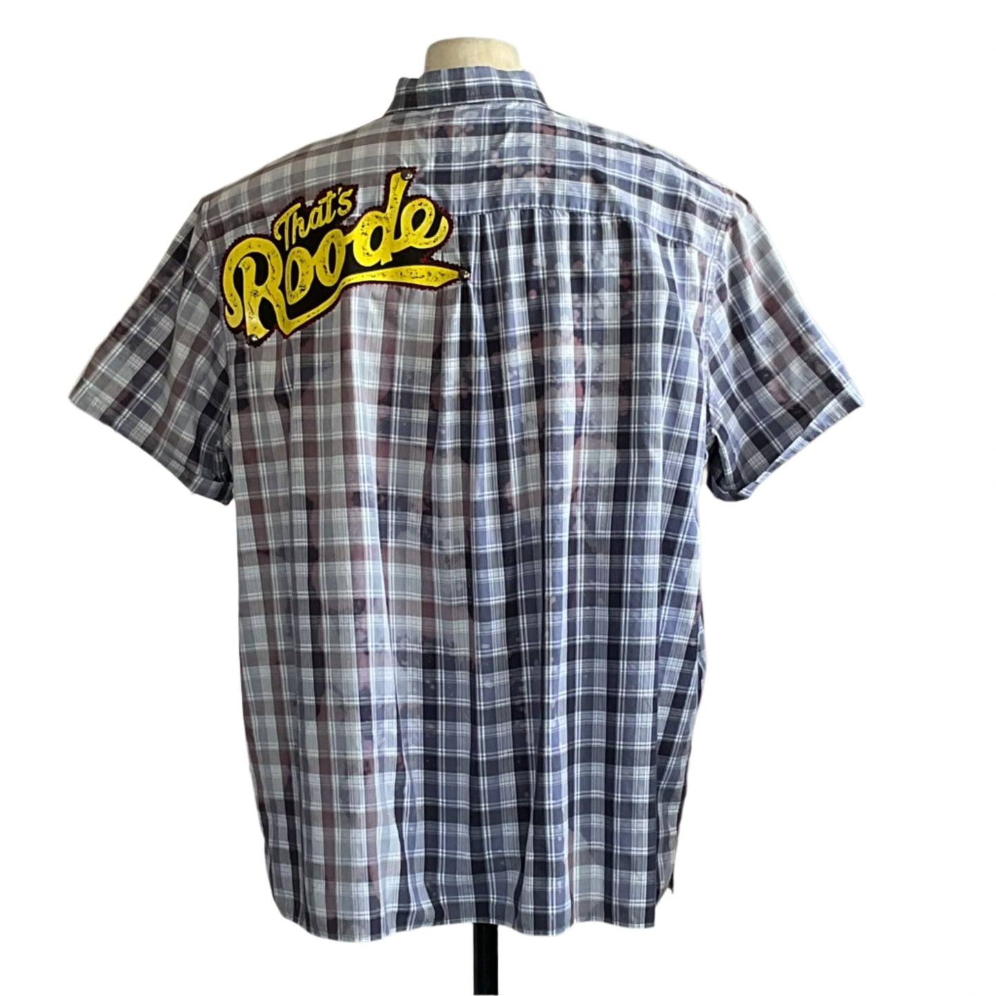 ROODE Men's Custom BEAR SIZE Short Sleeve Shirt in 3XL, featuring a gray-and-white plaid pattern and bold yellow That’s Roode script on the shoulder.