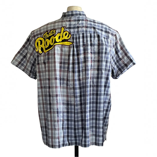 ROODE Men's Custom BEAR SIZE Short Sleeve Shirt in 3XL, featuring a gray-and-white plaid pattern and bold yellow That’s Roode script on the shoulder.