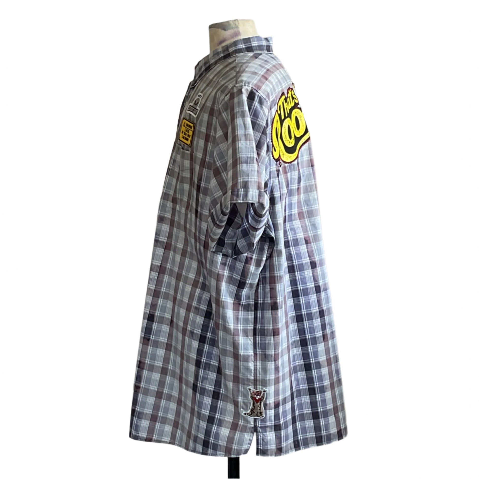 ROODE Men's Custom BEAR SIZE Short Sleeve Shirt in 3XL, featuring gray-and-brown plaid, bold yellow patches, and an embroidered animal, exudes raw, unapologetic style.