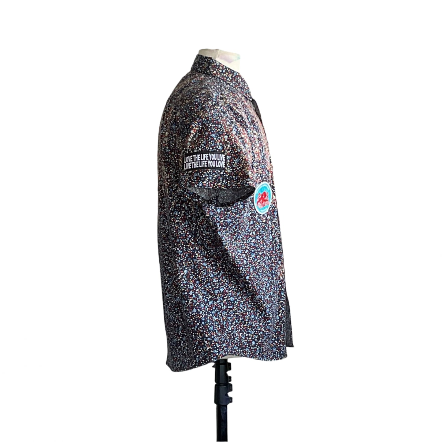 RETIRED | Men's Custom BEAR SIZE Short Sleeve Shirt in XL, featuring confetti print and motivational patches, on mannequin against white background. Perfect for relaxed, stylish retirement wear.