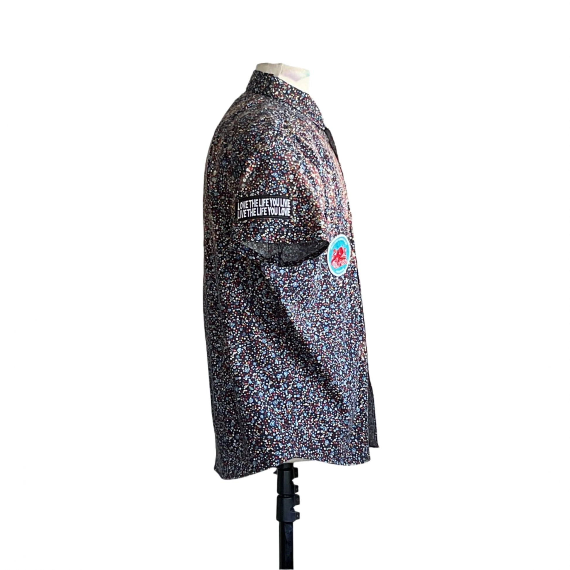 RETIRED | Men's Custom BEAR SIZE Short Sleeve Shirt in XL, featuring confetti print and motivational patches, on mannequin against white background. Perfect for relaxed, stylish retirement wear.