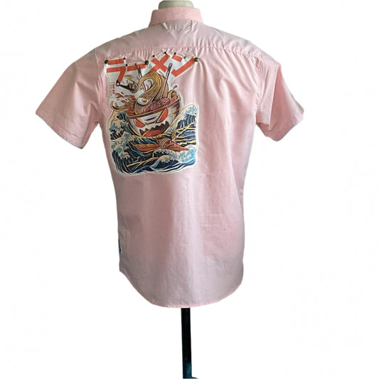 RAMEN | Men's Custom BEAR SIZE Short Sleeve Shirt | EXTRA LARGE: Light-pink shirt with a bold ramen graphic on the back, featuring intricate details and contrasting trims.