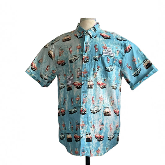 FUR PAPA Men's Custom BEAR SIZE Shirt, XL: Light-blue, retro car print, camp collar, metal closures, Devious Saint patch, bold statement piece for confident style.