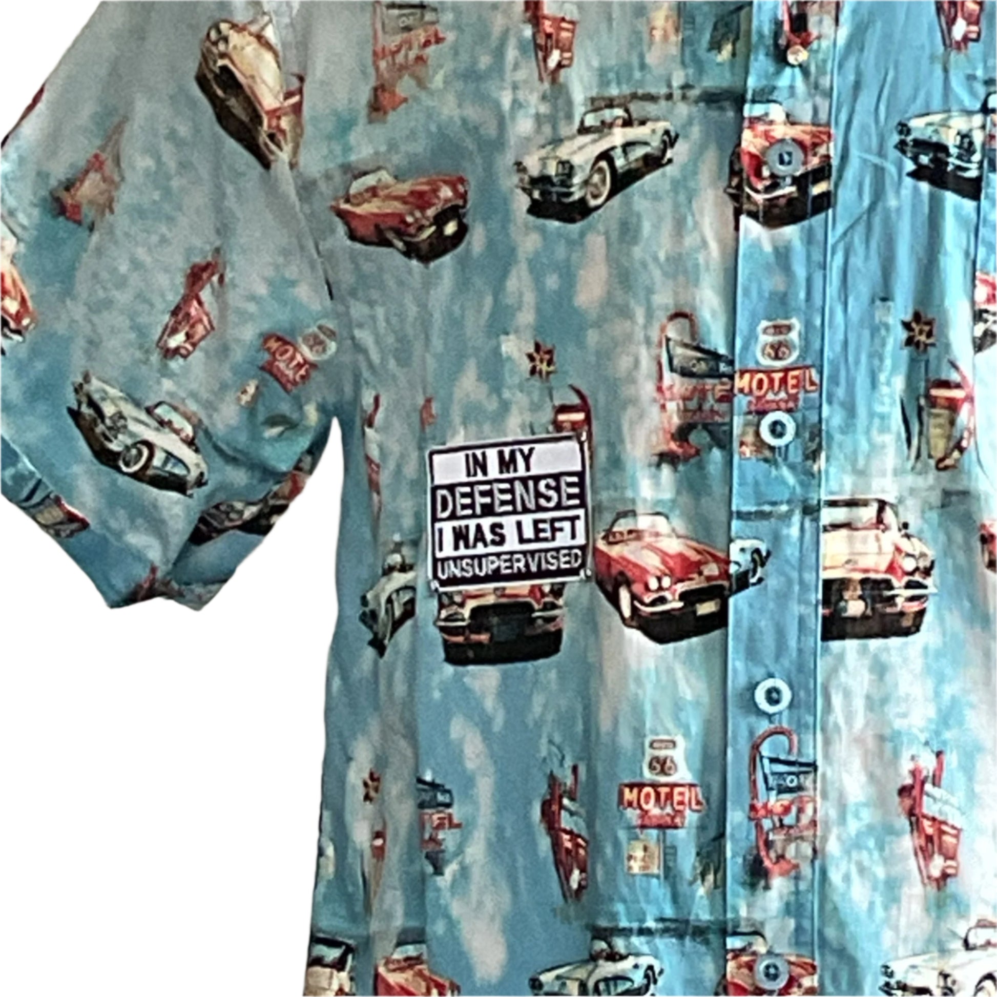 FUR PAPA Men's Custom BEAR SIZE Short Sleeve Shirt in XL, featuring retro cars and motel signs with a chest patch saying IN MY DEFENSE I WAS LEFT UNSUPERVISED.