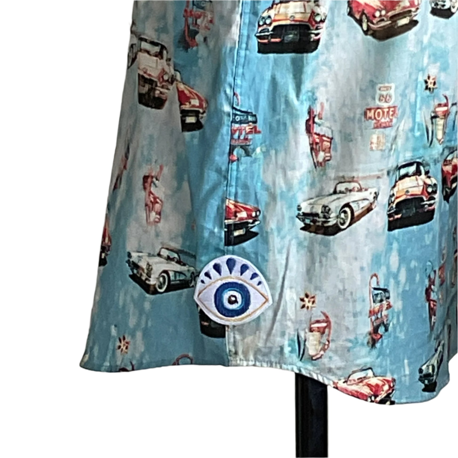 FUR PAPA Men's Custom BEAR SIZE Short Sleeve Shirt in XL, featuring retro cars and motel signs on light-blue fabric, with embroidered evil eye patch.