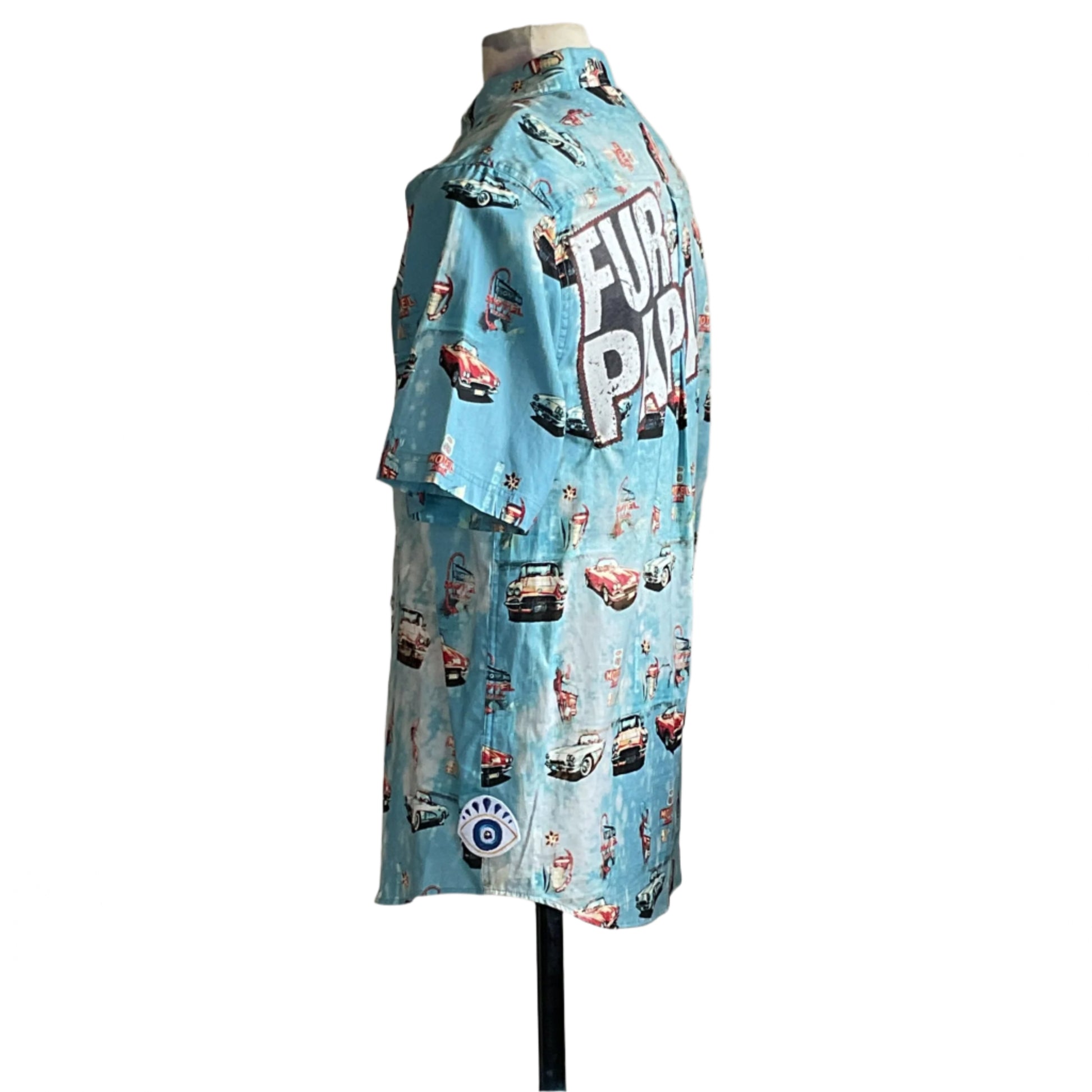 FUR PAPA Men's Custom BEAR SIZE Short Sleeve Shirt, XL, featuring retro car and diner print, FURA PAPI appliqué, and talisman patch.