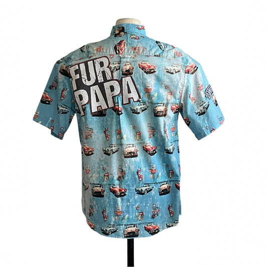Back view of the FUR PAPA Men's Custom BEAR SIZE Short Sleeve Shirt in XL, featuring vintage car prints and FUR PAPA text on washed-out sky blue fabric.