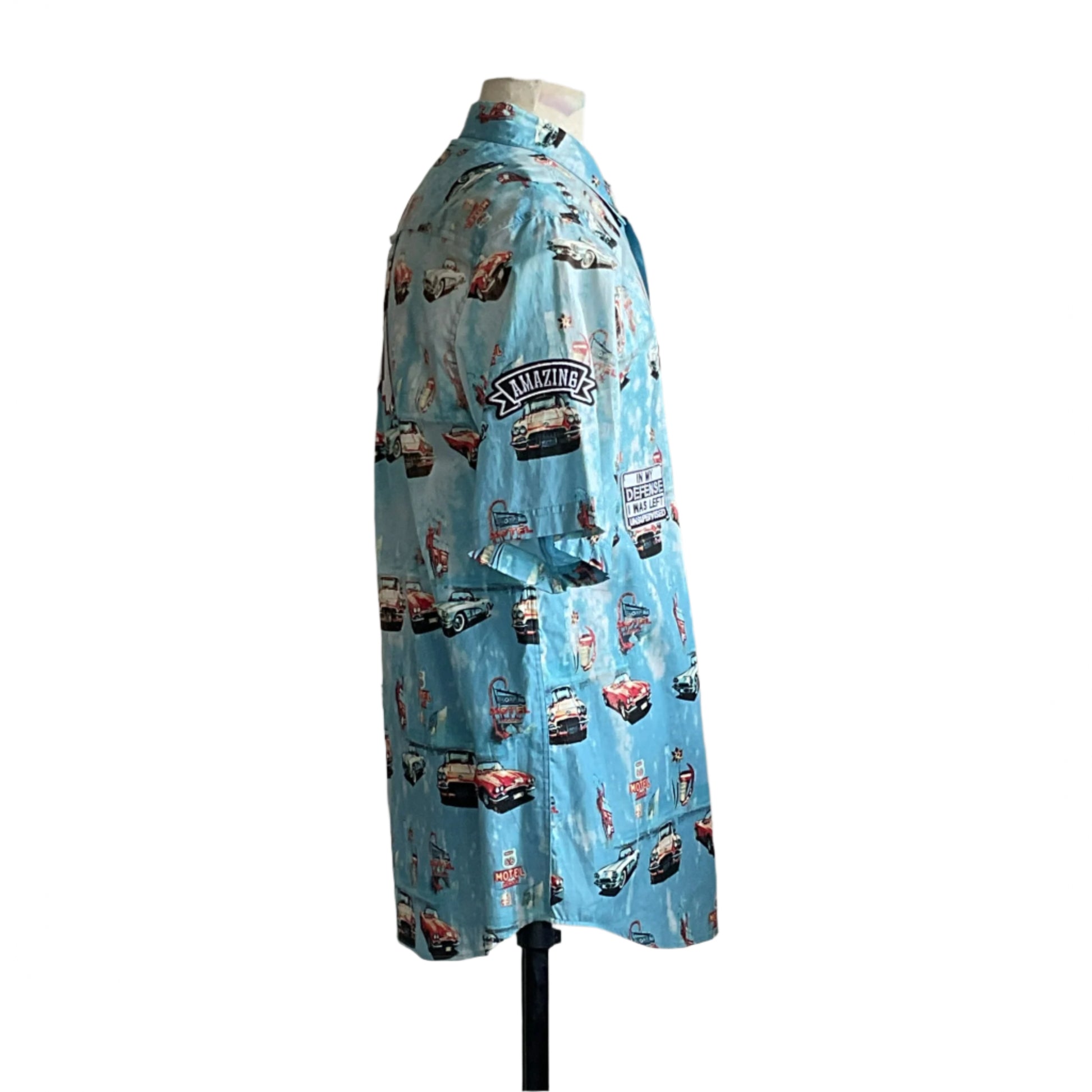 FUR PAPA Men's Custom BEAR SIZE Short Sleeve Shirt in XL, featuring retro car graphics and patches, displayed on a dress form with button-front closure.