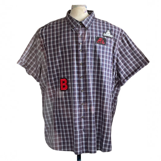GAME BOY | Men's Custom BEAR SIZE Short Sleeve Shirt features gray-blue plaid and novelty patches, including a large B and quirky text designs, in size 5 XL.