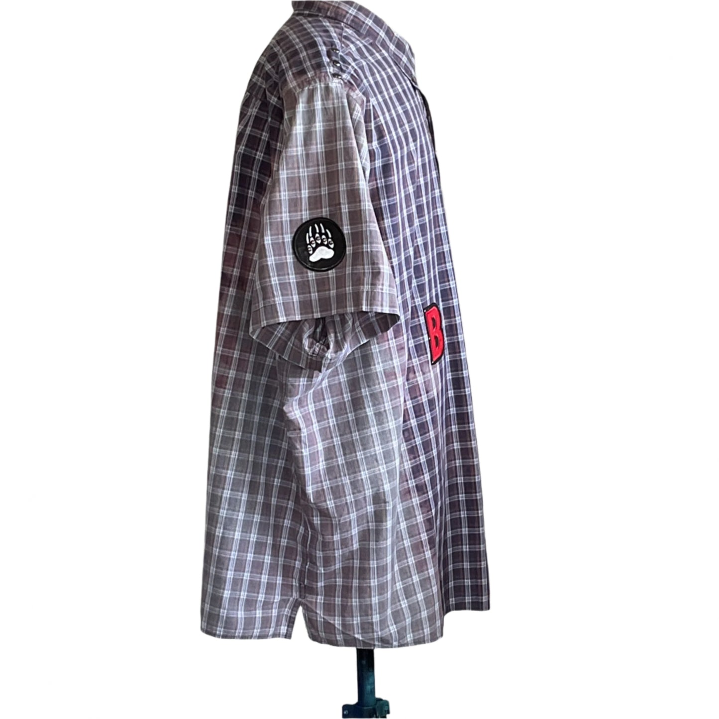 GAME BOY | Men's Custom BEAR SIZE Shirt, 5 XL, features mismatched gray plaid, bear-paw patch, red B appliqué, and shoulder snap closures.