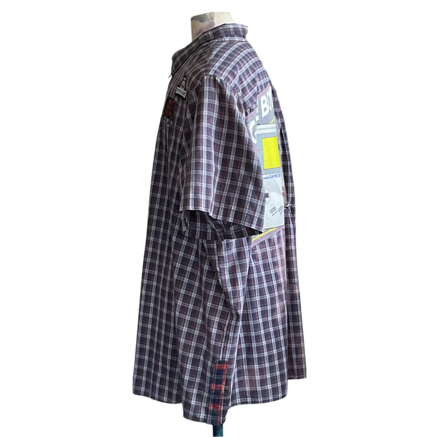GAME BOY Men's Custom BEAR SIZE Shirt in 5 XL, featuring a retro gaming console graphic and appliqué patches on a purple/blue plaid fabric.