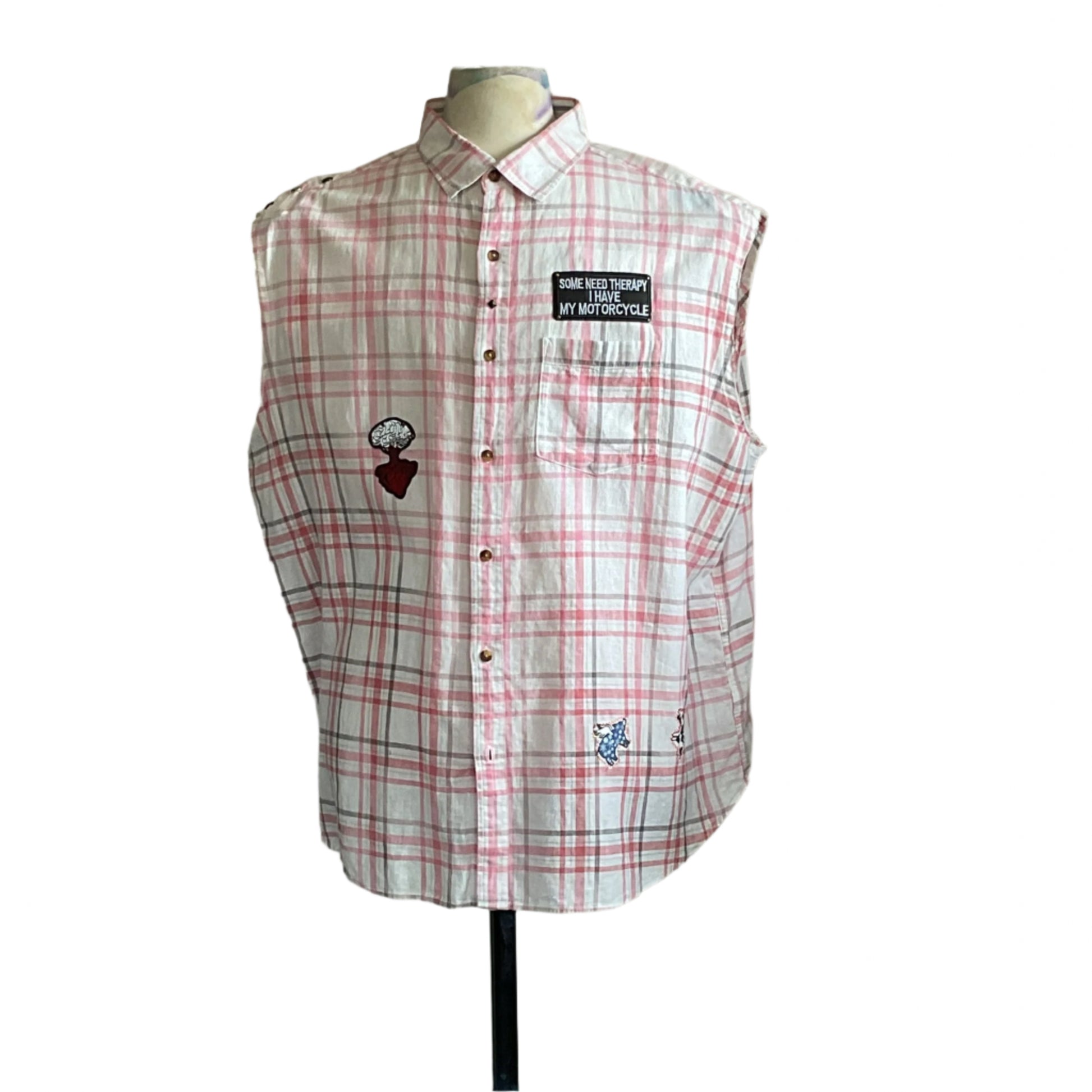 TEXACO | Men's Custom BEAR SIZE Sleeveless Shirt | 3 XL features raw armholes, plaid pattern, and unique patches. Ideal for bold, expressive style.