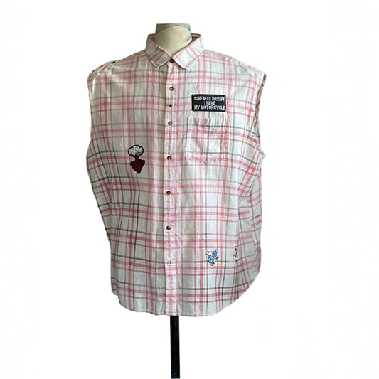 TEXACO | Men's Custom BEAR SIZE Sleeveless Shirt | 3 XL features raw armholes, plaid pattern, and unique patches. Ideal for bold, expressive style.