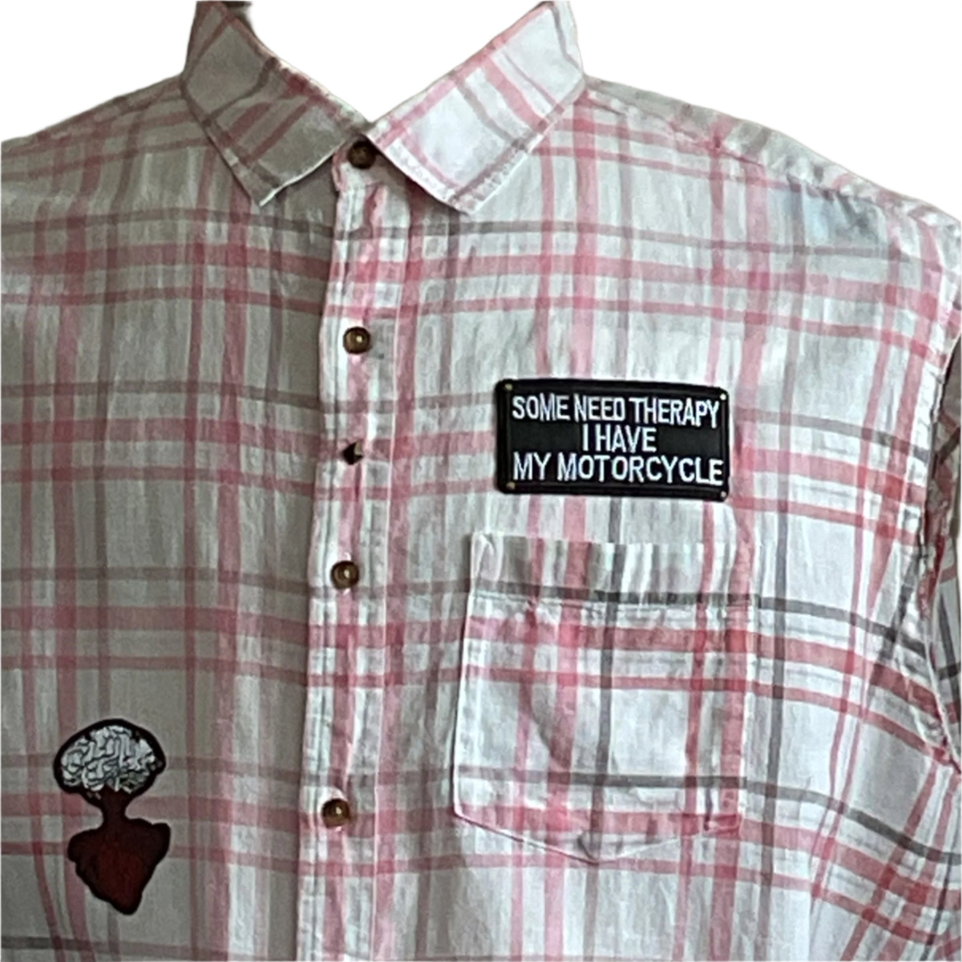 TEXACO Men's Custom BEAR SIZE Sleeveless Shirt, 3 XL with plaid pattern, bold patches, featuring SOME NEED THERAPY / I HAVE MY MOTORCYCLE message.