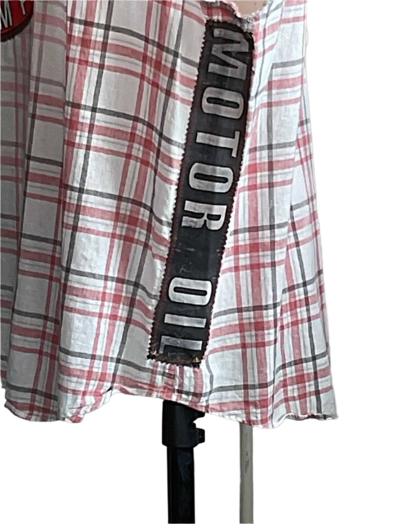TEXACO | Men's Custom BEAR SIZE Sleeveless Shirt | 3 XL, featuring a bold black MOTOR OIL strip on red-and-white plaid, embodying DEVIOUS SAINT's unique, bold style.