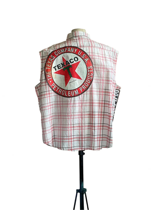 TEXACO | Men's Custom BEAR SIZE Sleeveless Shirt | 3 XL features a vintage Texaco patch on a plaid vest, showcasing bold, unique style.