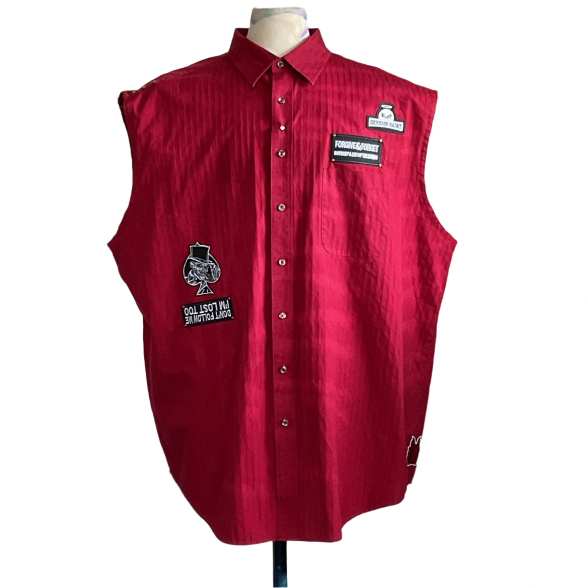 GUNS & ROSES | Men's Custom BEAR SIZE Sleeveless Shirt | 4 XL features bold patches, including DON’T FOLLOW ME, FORGIVE & FORGET, and DEVIOUS SAINT, creating a unique statement piece.