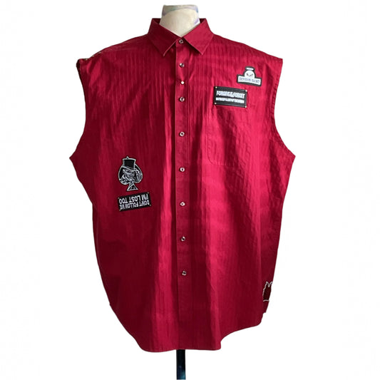 GUNS & ROSES | Men's Custom BEAR SIZE Sleeveless Shirt | 4 XL features bold patches, including DON’T FOLLOW ME, FORGIVE & FORGET, and DEVIOUS SAINT, creating a unique statement piece.