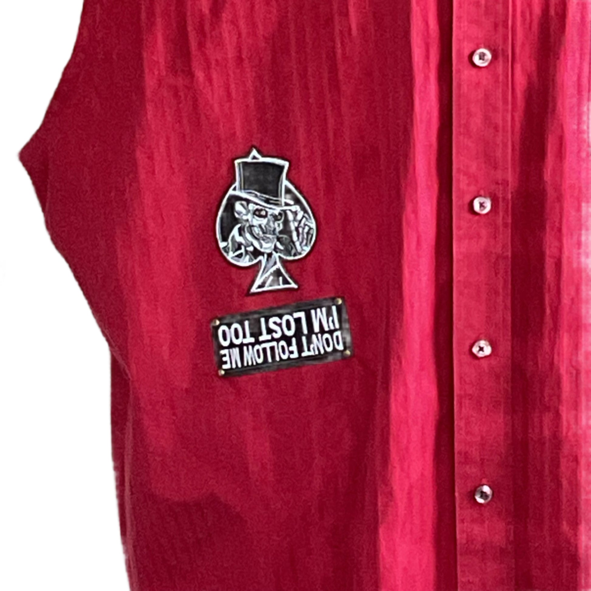 GUNS & ROSES Men's Custom BEAR SIZE Sleeveless Shirt in 4 XL, featuring a skull-in-a-spade emblem and DON’T FOLLOW ME, I’M LOST TOO patch.