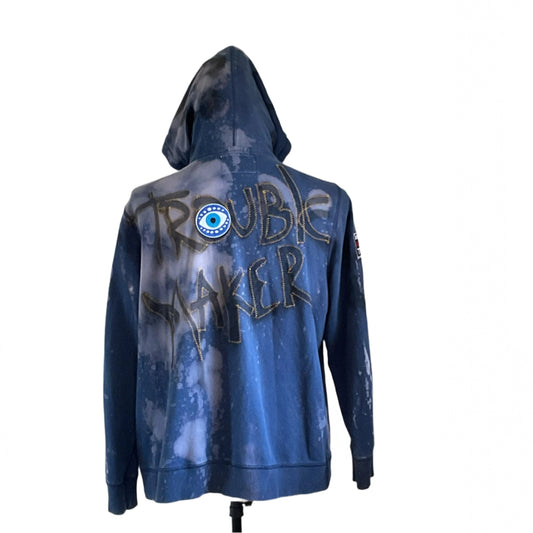 TROUBLE MAKER | eCustom Men's Hoodie by Devious Saint: Washed-out navy hoodie with graffiti-style “TROUBLE MAKER” and an evil eye patch on the back.
