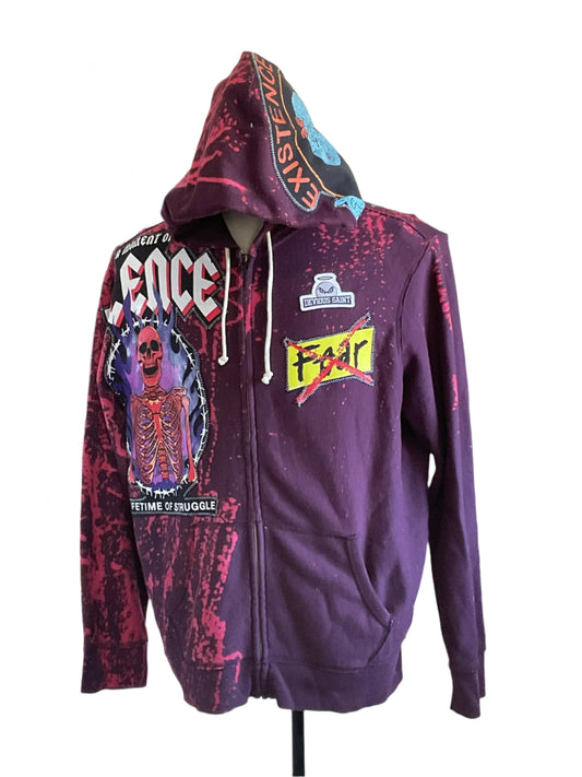 ROSES FROM CONCRETE Custom Men's Hoodie featuring a maroon splatter design, bold graphics, and symbolic patches, embodying streetwear style and DEVIOUS SAINT's unique artistic flair.