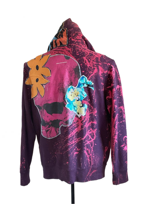 ROSES FROM CONCRETE Custom Men's Hoodie, featuring a maroon base with pink splatter, skull graphic, and floral appliqué, embodying bold streetwear and unique art style.