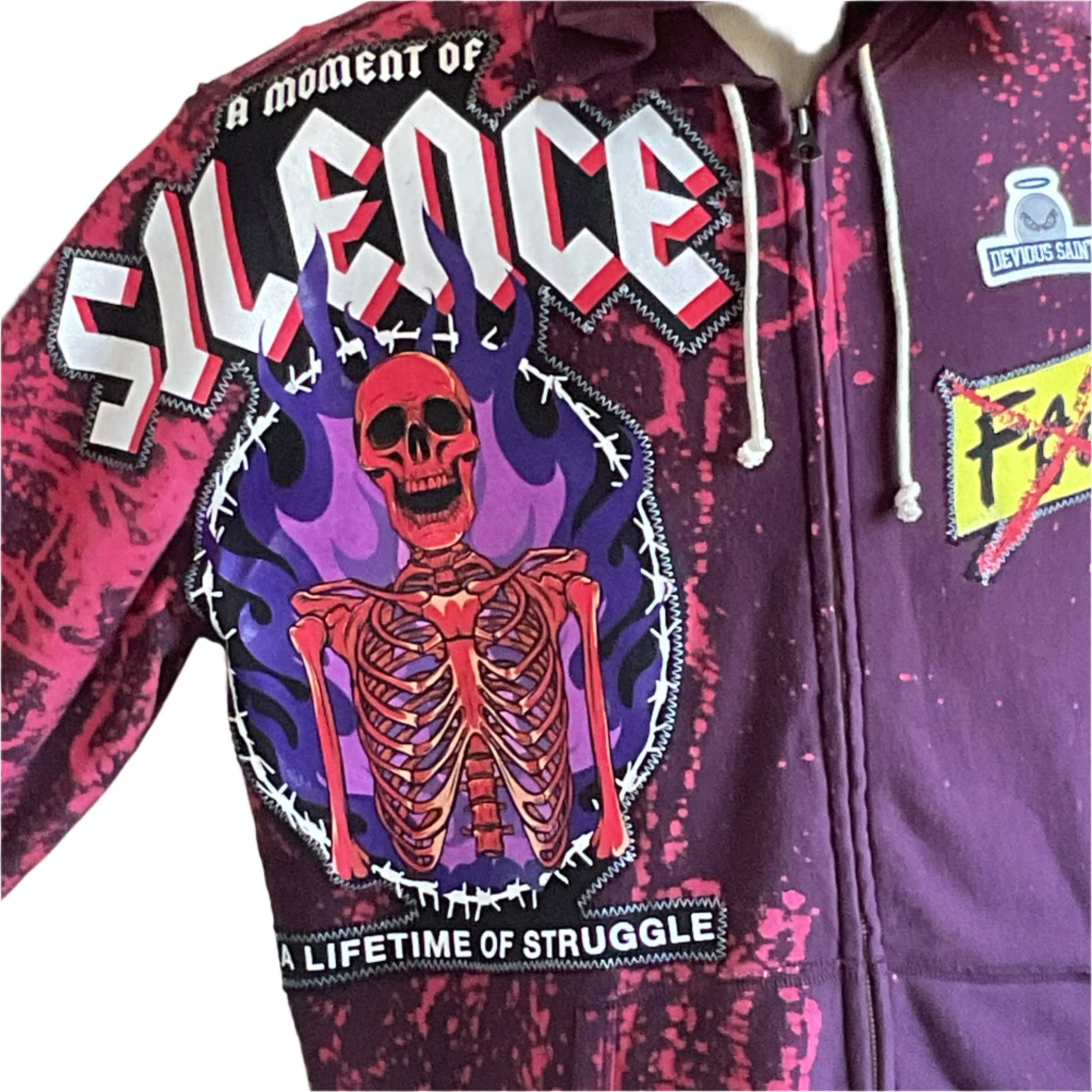 ROSES FROM CONCRETE Custom Men's Hoodie featuring bold punk graphics, purple flames, red skeleton, SILENCE motif, and DEVIOUS SAINT patch, embodying streetwear style.
