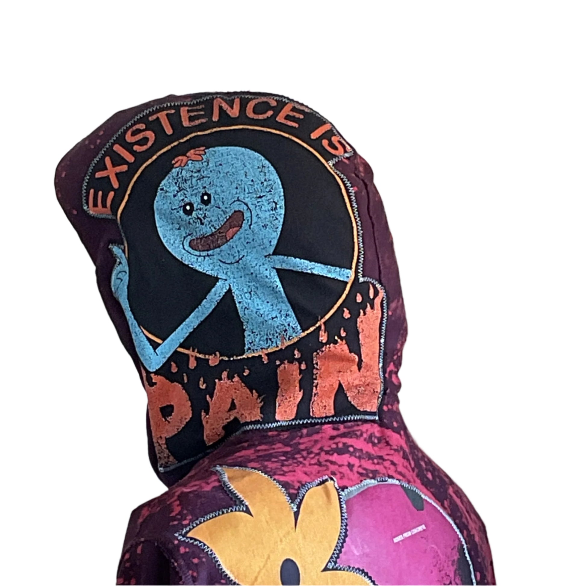 Back view of the ROSES FROM CONCRETE Custom Men's Hoodie featuring tie-dyed design with Mr. Meeseeks graphic and EXISTENCE IS PAIN text on the hood.
